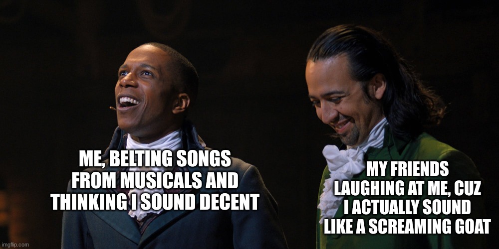 i really hope the theater kids see this | MY FRIENDS LAUGHING AT ME, CUZ I ACTUALLY SOUND LIKE A SCREAMING GOAT; ME, BELTING SONGS FROM MUSICALS AND THINKING I SOUND DECENT | image tagged in broadway,singing | made w/ Imgflip meme maker