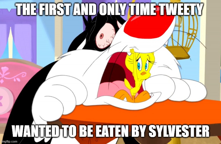 fun fact | THE FIRST AND ONLY TIME TWEETY; WANTED TO BE EATEN BY SYLVESTER | image tagged in tweety wants to be eaten,sylvester the cat,tweety bird,looney tunes,warner bros,cartoons | made w/ Imgflip meme maker