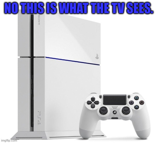 white ps4 ripoff | NO THIS IS WHAT THE TV SEES. | image tagged in white ps4 ripoff | made w/ Imgflip meme maker