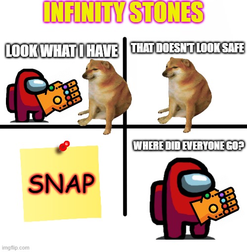 Blank Starter Pack |  INFINITY STONES; THAT DOESN'T LOOK SAFE; LOOK WHAT I HAVE; SNAP; WHERE DID EVERYONE GO? | image tagged in memes,blank starter pack | made w/ Imgflip meme maker
