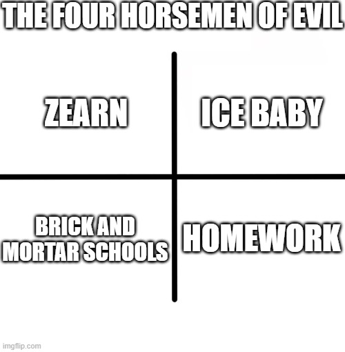 horsemen | THE FOUR HORSEMEN OF EVIL; ICE BABY; ZEARN; BRICK AND MORTAR SCHOOLS; HOMEWORK | image tagged in memes,blank starter pack | made w/ Imgflip meme maker