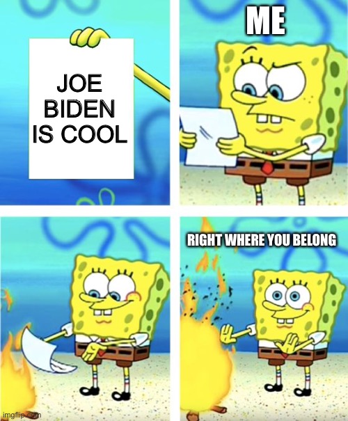 Spongebob Burning Paper | ME; JOE BIDEN IS COOL; RIGHT WHERE YOU BELONG | image tagged in spongebob burning paper,fun,funny,funny memes | made w/ Imgflip meme maker