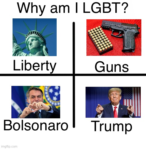 50 likes and I’m gonna post it on LGBTQ stream | Why am I LGBT? Liberty; Guns; Bolsonaro; Trump | image tagged in memes,blank starter pack,unfunny,lgbtq,politics,brazil | made w/ Imgflip meme maker