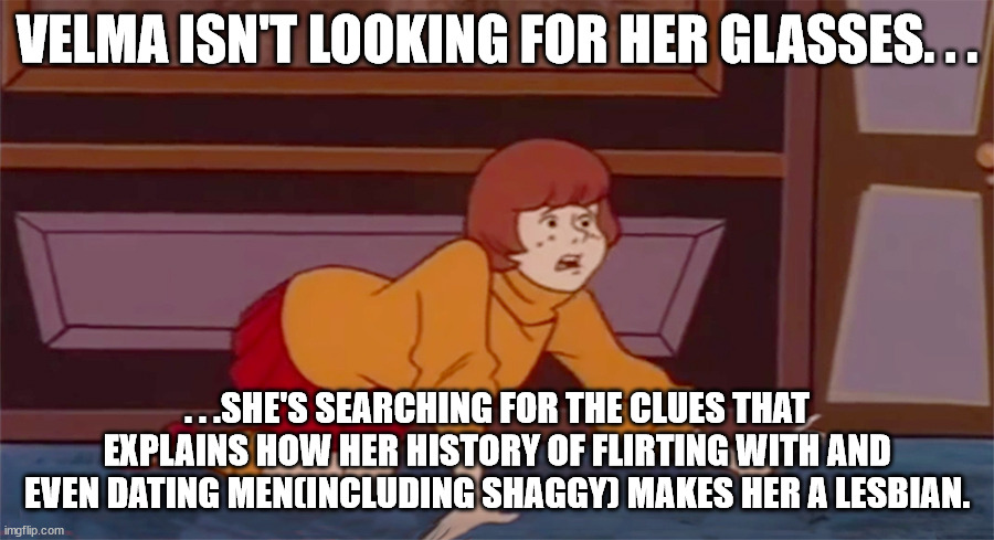 You know SJWs don't watch a show when they make claims this stupid. | VELMA ISN'T LOOKING FOR HER GLASSES. . . . . .SHE'S SEARCHING FOR THE CLUES THAT EXPLAINS HOW HER HISTORY OF FLIRTING WITH AND EVEN DATING MEN(INCLUDING SHAGGY) MAKES HER A LESBIAN. | image tagged in velma searching,sjws,stupid liberals | made w/ Imgflip meme maker
