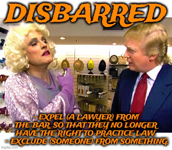 DISBARRED | DISBARRED; - EXPEL (A LAWYER) FROM THE BAR, SO THAT THEY NO LONGER HAVE THE RIGHT TO PRACTICE LAW.
 - EXCLUDE (SOMEONE) FROM SOMETHING. | image tagged in disbarred,lawyer,law,expel,exclude,bar | made w/ Imgflip meme maker