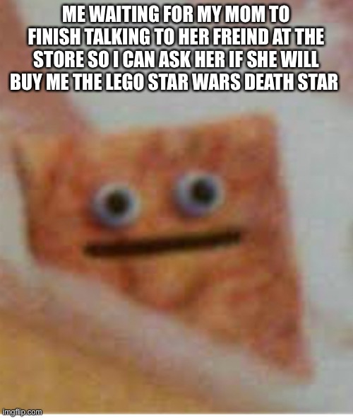 Can I have it? | ME WAITING FOR MY MOM TO FINISH TALKING TO HER FREIND AT THE STORE SO I CAN ASK HER IF SHE WILL BUY ME THE LEGO STAR WARS DEATH STAR | image tagged in funny,lego | made w/ Imgflip meme maker