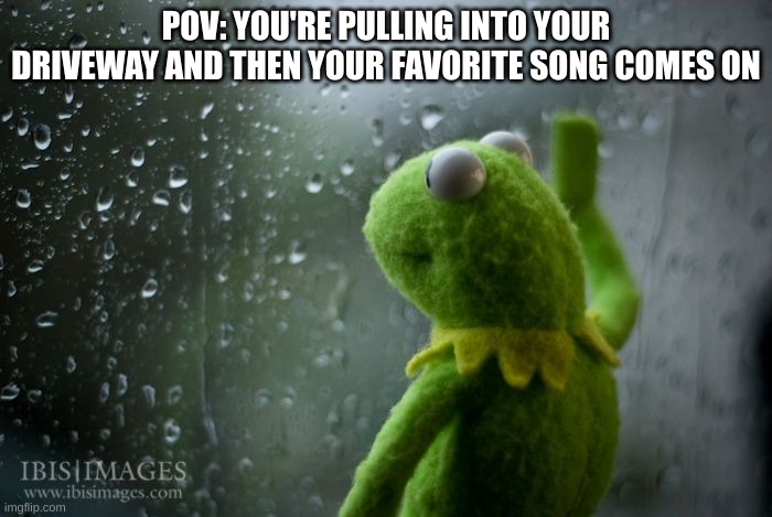 :( | POV: YOU'RE PULLING INTO YOUR DRIVEWAY AND THEN YOUR FAVORITE SONG COMES ON | image tagged in kermit window,favorite song | made w/ Imgflip meme maker