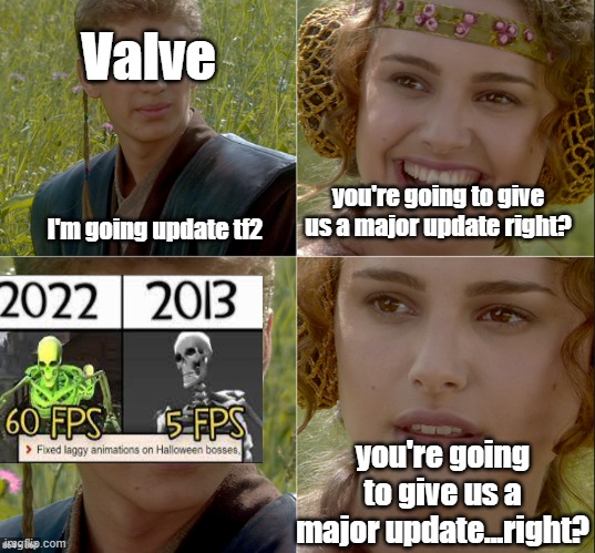 Valve; you're going to give us a major update right? I'm going update tf2; you're going to give us a major update...right? | image tagged in anakin padme 4 panel,tf2 | made w/ Imgflip meme maker