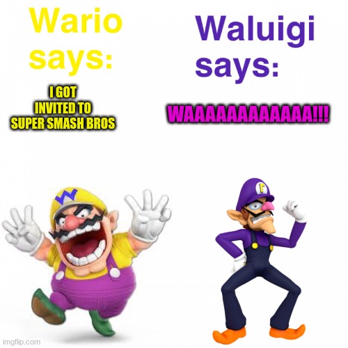 waluigi and wario | WAAAAAAAAAAAA!!! I GOT INVITED TO SUPER SMASH BROS | image tagged in views on wario and waluigi | made w/ Imgflip meme maker