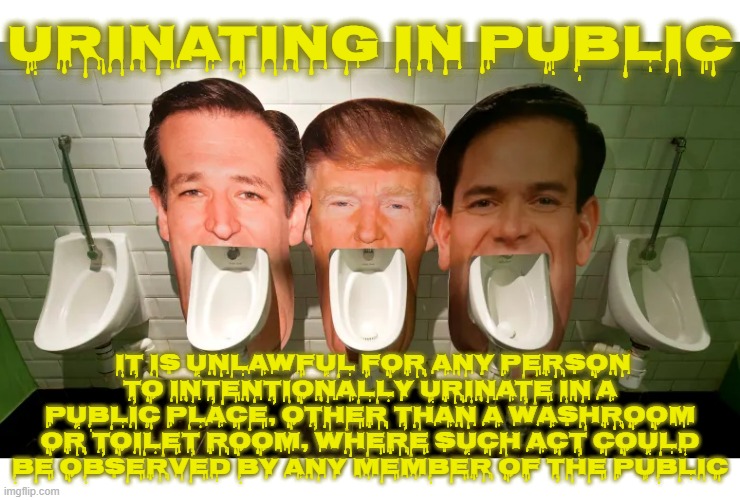 URINATING IN PUBLIC | URINATING IN PUBLIC; IT IS UNLAWFUL FOR ANY PERSON TO INTENTIONALLY URINATE IN A PUBLIC PLACE, OTHER THAN A WASHROOM OR TOILET ROOM, WHERE SUCH ACT COULD BE OBSERVED BY ANY MEMBER OF THE PUBLIC | image tagged in urinate,public,criminal,gross,disgusting,illegal | made w/ Imgflip meme maker