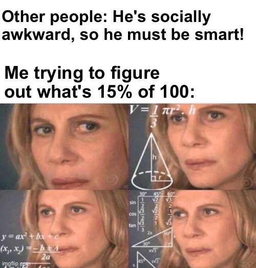 HMMM | Other people: He's socially awkward, so he must be smart! Me trying to figure out what's 15% of 100: | image tagged in equations,memes,unfunny | made w/ Imgflip meme maker