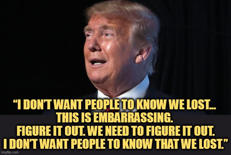 He knew he lost. He lied. | “I DON’T WANT PEOPLE TO KNOW WE LOST… 
THIS IS EMBARRASSING. 
FIGURE IT OUT. WE NEED TO FIGURE IT OUT. I DON’T WANT PEOPLE TO KNOW THAT WE LOST.” | image tagged in trump,liar,loser,failure | made w/ Imgflip meme maker