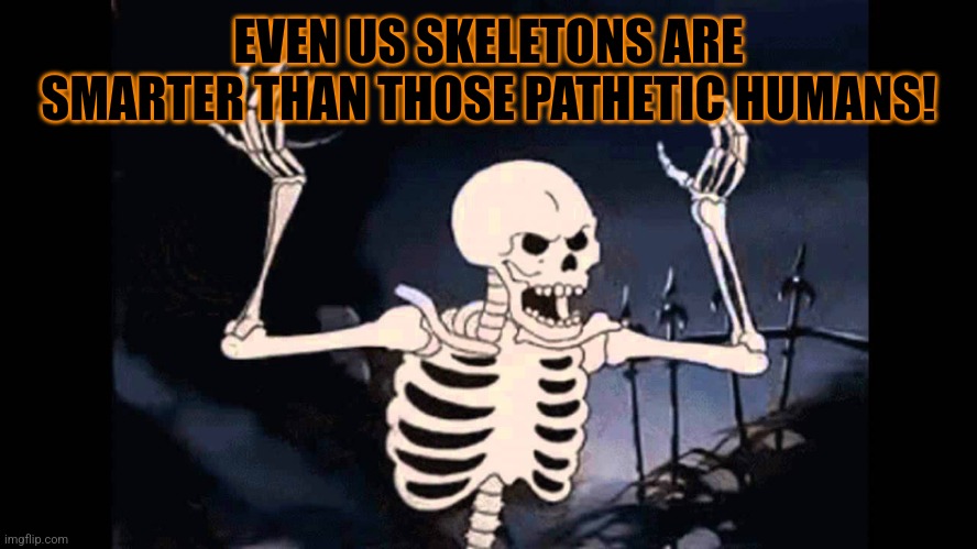 Spooky Skeleton | EVEN US SKELETONS ARE SMARTER THAN THOSE PATHETIC HUMANS! | image tagged in spooky skeleton | made w/ Imgflip meme maker