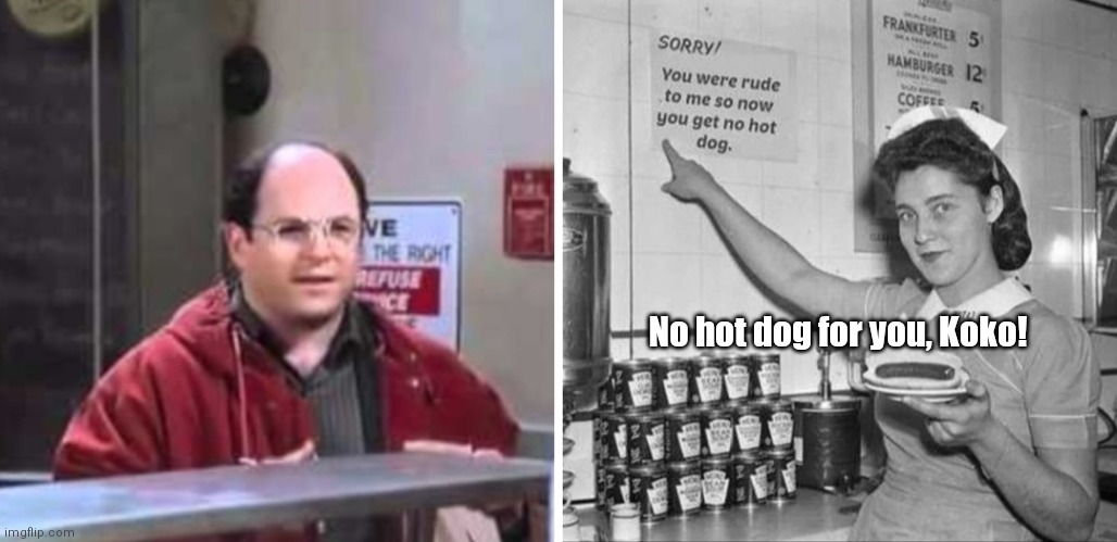 George strikes out. Again. | No hot dog for you, Koko! | image tagged in funny | made w/ Imgflip meme maker