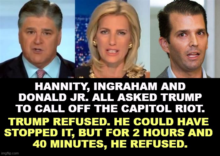HANNITY, INGRAHAM AND DONALD JR. ALL ASKED TRUMP TO CALL OFF THE CAPITOL RIOT. TRUMP REFUSED. HE COULD HAVE 
STOPPED IT, BUT FOR 2 HOURS AND 
40 MINUTES, HE REFUSED. | image tagged in trump,capitol,riot,sean hannity,ingraham,donald trump jr | made w/ Imgflip meme maker