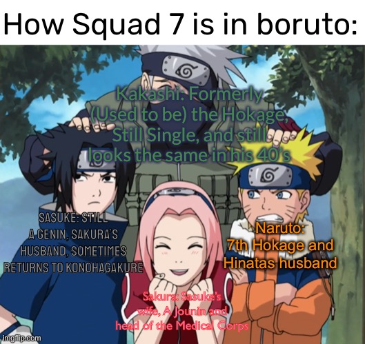How Squad 7 is now | How Squad 7 is in boruto:; Kakashi: Formerly (Used to be) the Hokage, Still Single, and still looks the same in his 40’s; Naruto: 7th Hokage and Hinatas husband; Sasuke: Still a Genin, Sakura’s Husband, Sometimes returns to Konohagakure; Sakura: Sasuke’s wife, A Jounin and head of the Medical Corps | image tagged in naruto team 7,then vs now,memes,boruto,naruto shippuden,team 7 | made w/ Imgflip meme maker