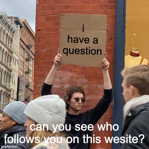 genuine question(idk where to post this so im just posting it in fun in hopes that someone notices) | i have a question; can you see who follows you on this wesite? | image tagged in memes,guy holding cardboard sign | made w/ Imgflip meme maker