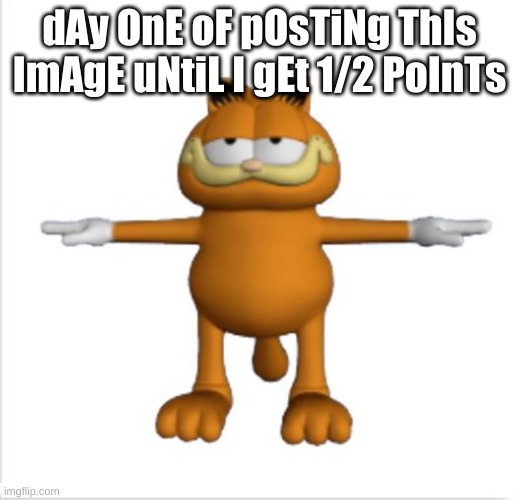 garfield t-pose | dAy OnE oF pOsTiNg ThIs ImAgE uNtiL I gEt 1/2 PoInTs | image tagged in garfield t-pose | made w/ Imgflip meme maker