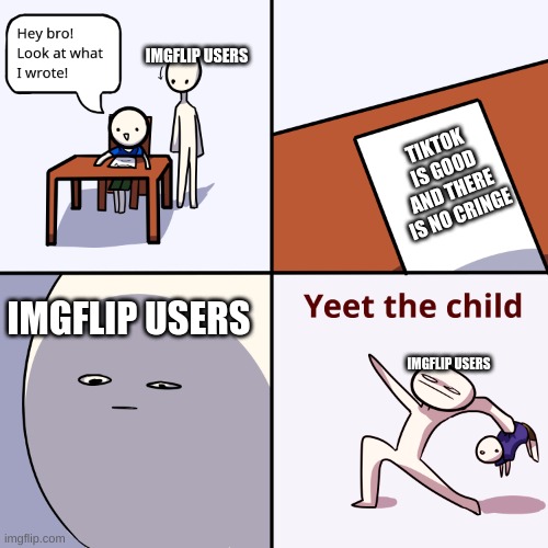 Again Another Tiktok Meme | IMGFLIP USERS; TIKTOK IS GOOD AND THERE IS NO CRINGE; IMGFLIP USERS; IMGFLIP USERS | image tagged in yeet the child,tiktok,tiktok sucks,tiktok cringe,cringe,apps | made w/ Imgflip meme maker