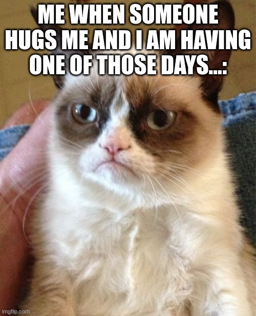 Grumpy Cat Meme | ME WHEN SOMEONE HUGS ME AND I AM HAVING ONE OF THOSE DAYS...: | image tagged in memes,grumpy cat | made w/ Imgflip meme maker