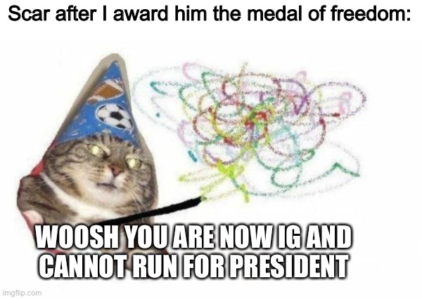 Woosh cat | Scar after I award him the medal of freedom:; WOOSH YOU ARE NOW IG AND
CANNOT RUN FOR PRESIDENT | image tagged in woosh cat,congress | made w/ Imgflip meme maker