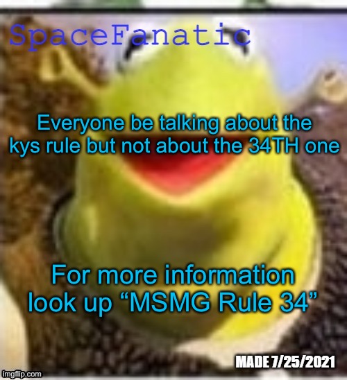(Mod note: HOLY MOLY IT ACTUALLY EXISTS) | Everyone be talking about the kys rule but not about the 34TH one; For more information look up “MSMG Rule 34” | image tagged in spacefanatic announcement temp | made w/ Imgflip meme maker