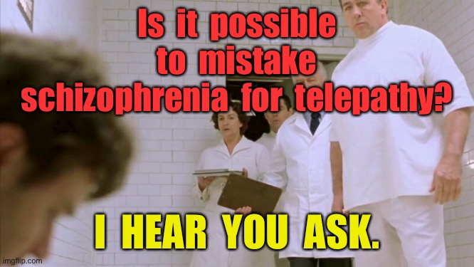 Mental health | Is  it  possible  to  mistake  schizophrenia  for  telepathy? I  HEAR  YOU  ASK. | image tagged in mental hospital beautiful mind,schizophrenia,telepathy,dark humour | made w/ Imgflip meme maker