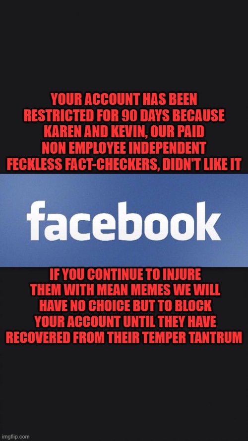 Facebook | YOUR ACCOUNT HAS BEEN RESTRICTED FOR 90 DAYS BECAUSE KAREN AND KEVIN, OUR PAID NON EMPLOYEE INDEPENDENT FECKLESS FACT-CHECKERS, DIDN'T LIKE IT; IF YOU CONTINUE TO INJURE THEM WITH MEAN MEMES WE WILL HAVE NO CHOICE BUT TO BLOCK YOUR ACCOUNT UNTIL THEY HAVE RECOVERED FROM THEIR TEMPER TANTRUM | image tagged in facebook | made w/ Imgflip meme maker