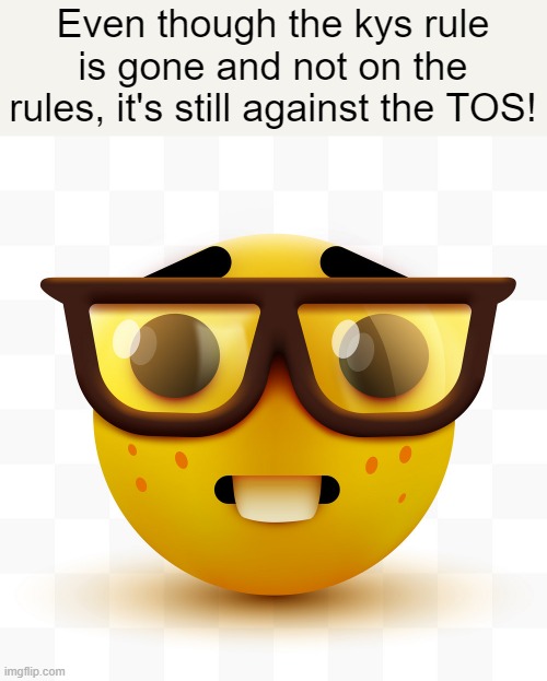 Bro says "off themselves" instead of using "kill" ☠️ | Even though the kys rule is gone and not on the rules, it's still against the TOS! | image tagged in nerd emoji | made w/ Imgflip meme maker