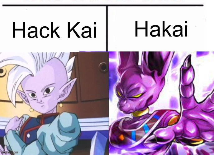 honestly, neither one are very good at their jobs. | Hakai; Hack Kai | image tagged in wordplay,dragon ball z,dragon ball super,beerus,kai | made w/ Imgflip meme maker