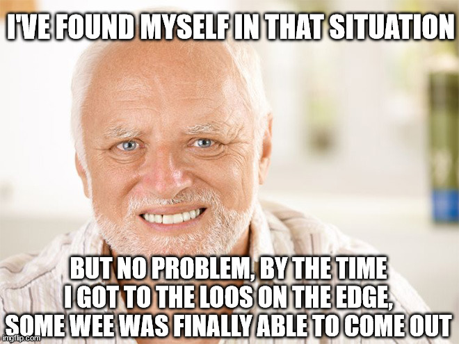 Awkward smiling old man | I'VE FOUND MYSELF IN THAT SITUATION BUT NO PROBLEM, BY THE TIME I GOT TO THE LOOS ON THE EDGE, SOME WEE WAS FINALLY ABLE TO COME OUT | image tagged in awkward smiling old man | made w/ Imgflip meme maker