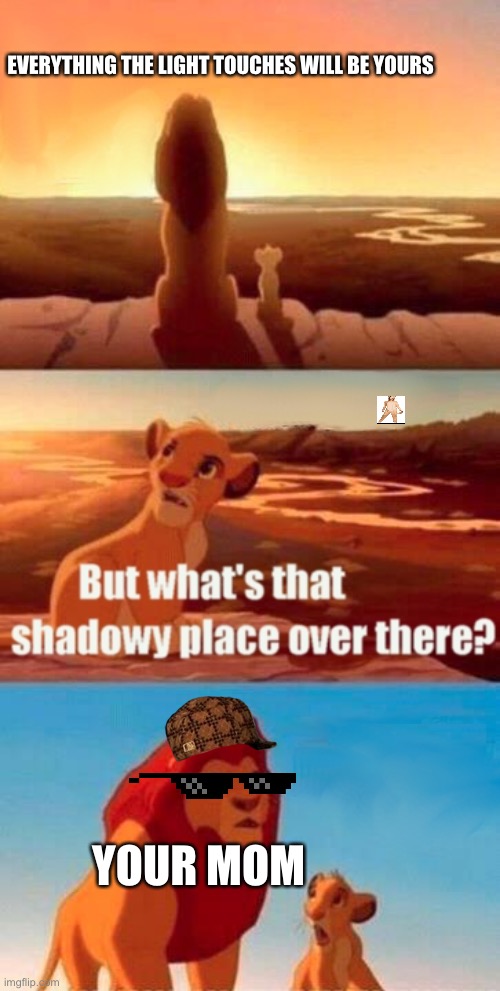 Simba Shadowy Place Meme | EVERYTHING THE LIGHT TOUCHES WILL BE YOURS; YOUR MOM | image tagged in memes,simba shadowy place | made w/ Imgflip meme maker