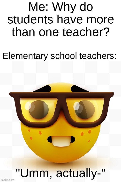 Elementary school teacher: *TELEPORTS BEHIND YOU* | Me: Why do students have more than one teacher? Elementary school teachers:; "Umm, actually-" | image tagged in nerd emoji | made w/ Imgflip meme maker