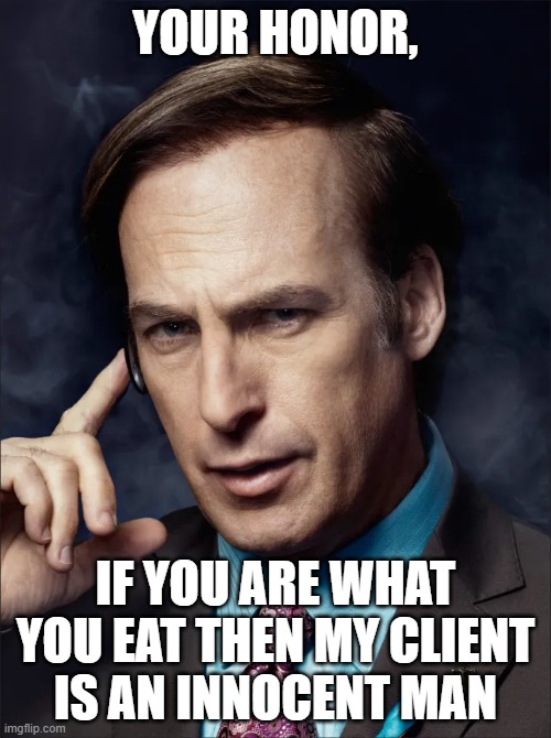 If you are what you eat then my client is an innocent man | YOUR HONOR, IF YOU ARE WHAT YOU EAT THEN MY CLIENT IS AN INNOCENT MAN | image tagged in saul goodman,memes,funny memes,funny,breaking bad | made w/ Imgflip meme maker