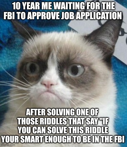 1 | 10 YEAR ME WAITING FOR THE FBI TO APPROVE JOB APPLICATION; AFTER SOLVING ONE OF  THOSE RIDDLES THAT SAY "IF YOU CAN SOLVE THIS RIDDLE YOUR SMART ENOUGH TO BE IN THE FBI | image tagged in surprised grumpy cat | made w/ Imgflip meme maker