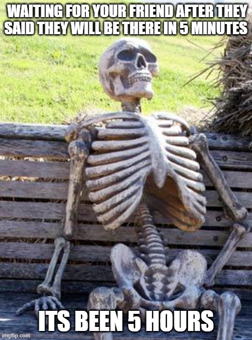 Waiting for your friend be like | WAITING FOR YOUR FRIEND AFTER THEY SAID THEY WILL BE THERE IN 5 MINUTES; ITS BEEN 5 HOURS | image tagged in memes,waiting skeleton | made w/ Imgflip meme maker
