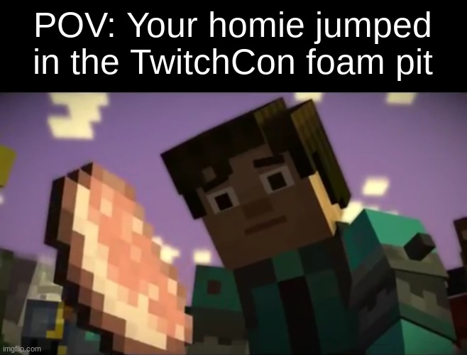Ruben was unironically the best character in Minecraft Story Mode. |  POV: Your homie jumped in the TwitchCon foam pit | image tagged in memes,minecraft story mode,twitchcon | made w/ Imgflip meme maker