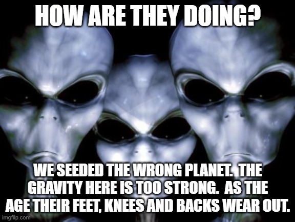 Next time we do it right | HOW ARE THEY DOING? WE SEEDED THE WRONG PLANET.  THE GRAVITY HERE IS TOO STRONG.  AS THE AGE THEIR FEET, KNEES AND BACKS WEAR OUT. | image tagged in angry aliens,next time,wrong planet,humans are weak,gravity falls,bad batch | made w/ Imgflip meme maker