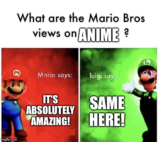 Mario Bros Views | ANIME; IT'S ABSOLUTELY AMAZING! SAME HERE! | image tagged in mario bros views | made w/ Imgflip meme maker