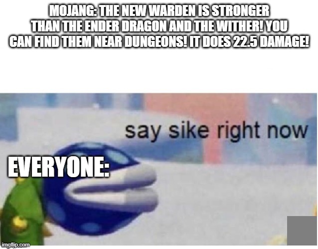 Mojang vs everyone | MOJANG: THE NEW WARDEN IS STRONGER THAN THE ENDER DRAGON AND THE WITHER! YOU CAN FIND THEM NEAR DUNGEONS! IT DOES 22.5 DAMAGE! EVERYONE: | image tagged in say sike right now | made w/ Imgflip meme maker