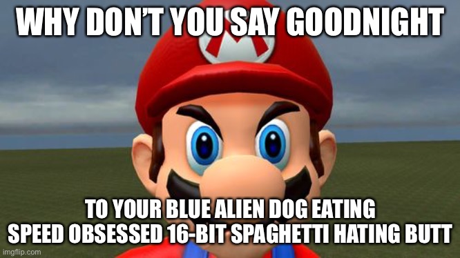 Angry Mario | WHY DON’T YOU SAY GOODNIGHT TO YOUR BLUE ALIEN DOG EATING SPEED OBSESSED 16-BIT SPAGHETTI HATING BUTT | image tagged in angry mario | made w/ Imgflip meme maker
