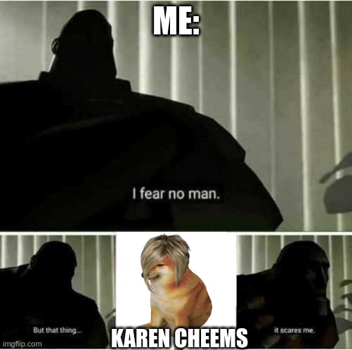 I fear no man | ME:; KAREN CHEEMS | image tagged in i fear no man | made w/ Imgflip meme maker
