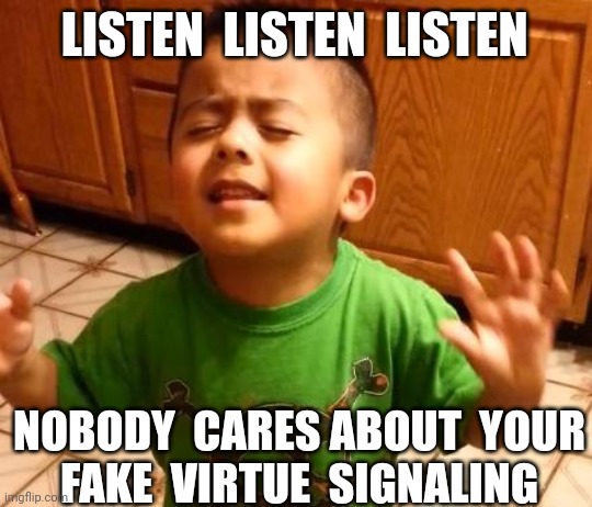 Virtue | LISTEN  LISTEN  LISTEN; NOBODY  CARES ABOUT  YOUR
 FAKE  VIRTUE  SIGNALING | image tagged in listen linda | made w/ Imgflip meme maker
