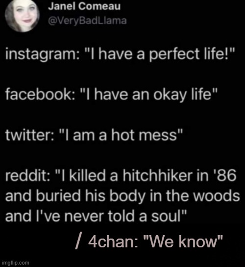 Social Media | /; 4chan: "We know" | image tagged in social media,funny | made w/ Imgflip meme maker