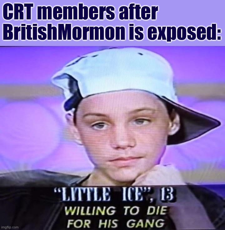 CRT 4 Lyfe & that’s no cap bussin fr doe | CRT members after BritishMormon is exposed: | image tagged in little ice,crt,no cap,bussin,fr,doe | made w/ Imgflip meme maker