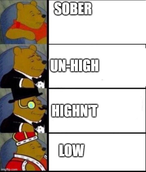 Low | SOBER; UN-HIGH; HIGHN'T; LOW | image tagged in winnie the pooh 4 | made w/ Imgflip meme maker