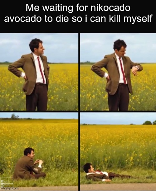 r ealp (/hj) | Me waiting for nikocado avocado to die so i can kill myself | image tagged in mr bean waiting | made w/ Imgflip meme maker