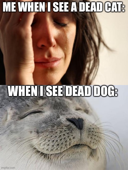 I hate dogs | ME WHEN I SEE A DEAD CAT:; WHEN I SEE DEAD DOG: | image tagged in memes,first world problems,satisfied seal | made w/ Imgflip meme maker
