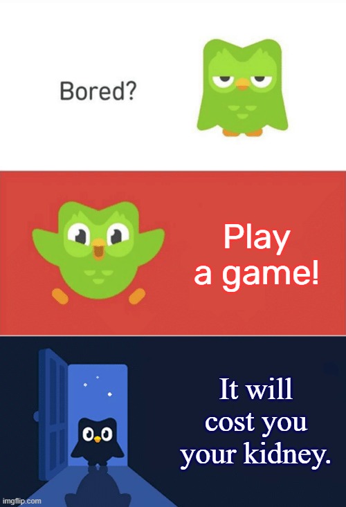 Sell it! | Play a game! It will cost you your kidney. | image tagged in duolingo bored 3-panel | made w/ Imgflip meme maker