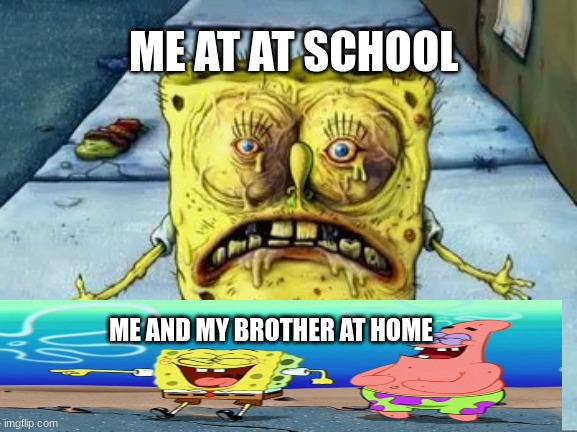 me at schhol | ME AT AT SCHOOL; ME AND MY BROTHER AT HOME | image tagged in me at schhol | made w/ Imgflip meme maker